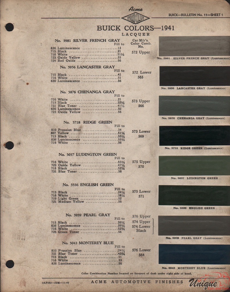1941 Buick Paint Charts Acme 1